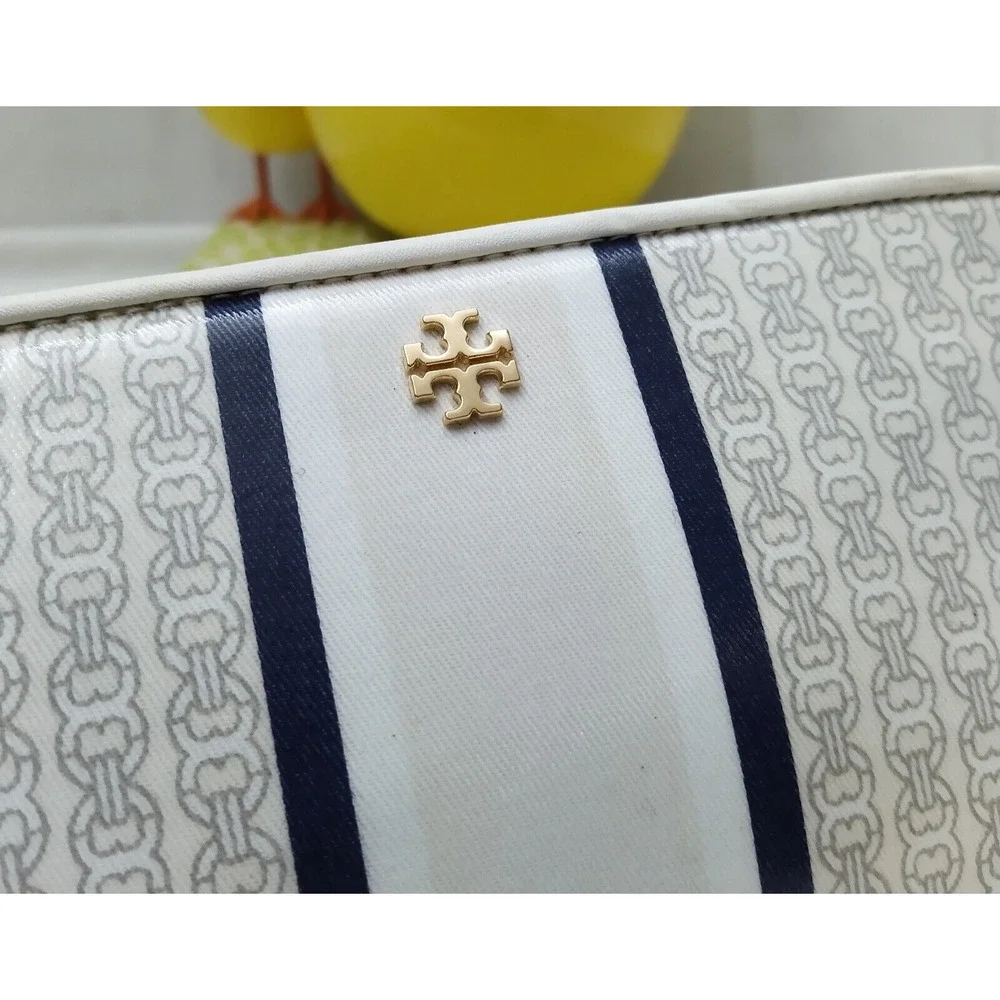 Tory Burch Gemini Ivory Gray Coated Canvas Link Stripe Zip Around Wallet